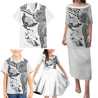 Hawaiian Manta Ray Tribal Family Matching Puletasi and Hawaiian Shirt Polynesian Art Motifs White Color