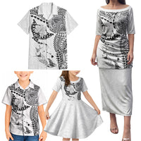 Hawaiian Manta Ray Tribal Family Matching Puletasi and Hawaiian Shirt Polynesian Art Motifs White Color LT03 - Polynesian Pride