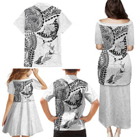 Hawaiian Manta Ray Tribal Family Matching Puletasi and Hawaiian Shirt Polynesian Art Motifs White Color