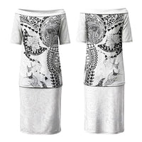 Hawaiian Manta Ray Tribal Family Matching Puletasi and Hawaiian Shirt Polynesian Art Motifs White Color LT03 Mom's Dress White - Polynesian Pride