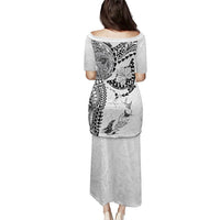 Hawaiian Manta Ray Tribal Family Matching Puletasi and Hawaiian Shirt Polynesian Art Motifs White Color