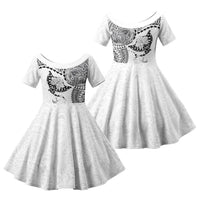 Hawaiian Manta Ray Tribal Family Matching Short Sleeve Bodycon Dress and Hawaiian Shirt Polynesian Art Motifs White Color LT03 Daughter's Dress White - Polynesian Pride