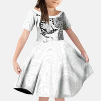 Hawaiian Manta Ray Tribal Kid Short Sleeve Dress Polynesian Art Motifs White Color