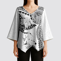 Hawaiian Manta Ray Tribal Kimono Sleeve Blouse Polynesian Art Motifs White Color