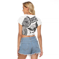 Hawaiian Manta Ray Tribal Raglan Cropped T Shirt Polynesian Art Motifs White Color