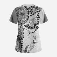Hawaiian Manta Ray Tribal Scrub Top Polynesian Art Motifs White Color