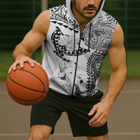 Hawaiian Manta Ray Tribal Sleeveless Zip Hoodie Polynesian Art Motifs White Color