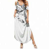 Hawaiian Manta Ray Tribal Summer Maxi Dress Polynesian Art Motifs White Color LT03 Women White - Polynesian Pride