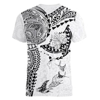 Hawaiian Manta Ray Tribal Women V-Neck T-Shirt Polynesian Art Motifs White Color