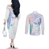 Hawaiian Manta Ray Tribal Couples Matching Off The Shoulder Long Sleeve Dress and Long Sleeve Button Shirt Polynesian Art Motifs Sweet Pastel