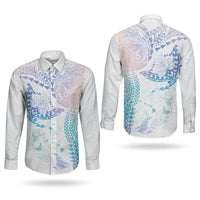 Hawaiian Manta Ray Tribal Couples Matching Off The Shoulder Long Sleeve Dress and Long Sleeve Button Shirt Polynesian Art Motifs Sweet Pastel LT03 - Polynesian Pride