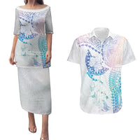 Hawaiian Manta Ray Tribal Couples Matching Puletasi and Hawaiian Shirt Polynesian Art Motifs Sweet Pastel