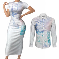 Hawaiian Manta Ray Tribal Couples Matching Short Sleeve Bodycon Dress and Long Sleeve Button Shirt Polynesian Art Motifs Sweet Pastel LT03 Multicolor - Polynesian Pride