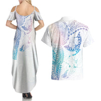 Hawaiian Manta Ray Tribal Couples Matching Summer Maxi Dress and Hawaiian Shirt Polynesian Art Motifs Sweet Pastel