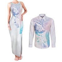 Hawaiian Manta Ray Tribal Couples Matching Tank Maxi Dress and Long Sleeve Button Shirt Polynesian Art Motifs Sweet Pastel