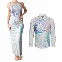 Hawaiian Manta Ray Tribal Couples Matching Tank Maxi Dress and Long Sleeve Button Shirt Polynesian Art Motifs Sweet Pastel LT03 Multicolor - Polynesian Pride