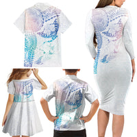 Hawaiian Manta Ray Tribal Family Matching Long Sleeve Bodycon Dress and Hawaiian Shirt Polynesian Art Motifs Sweet Pastel