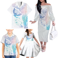 Hawaiian Manta Ray Tribal Family Matching Off The Shoulder Long Sleeve Dress and Hawaiian Shirt Polynesian Art Motifs Sweet Pastel
