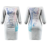 Hawaiian Manta Ray Tribal Family Matching Off The Shoulder Long Sleeve Dress and Hawaiian Shirt Polynesian Art Motifs Sweet Pastel LT03 Mom's Dress Multicolor - Polynesian Pride