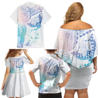 Hawaiian Manta Ray Tribal Family Matching Off Shoulder Short Dress and Hawaiian Shirt Polynesian Art Motifs Sweet Pastel