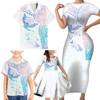 Hawaiian Manta Ray Tribal Family Matching Short Sleeve Bodycon Dress and Hawaiian Shirt Polynesian Art Motifs Sweet Pastel