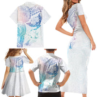 Hawaiian Manta Ray Tribal Family Matching Short Sleeve Bodycon Dress and Hawaiian Shirt Polynesian Art Motifs Sweet Pastel