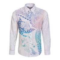 Hawaiian Manta Ray Tribal Long Sleeve Button Shirt Polynesian Art Motifs Sweet Pastel