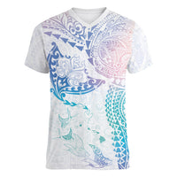 Hawaiian Manta Ray Tribal Women V-Neck T-Shirt Polynesian Art Motifs Sweet Pastel
