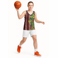 Maori Tukutuku Basketball Jersey with Ferns Pohutukawa and Kowhai Tribal Moko Patterns