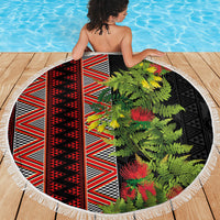 Maori Tukutuku Beach Blanket with Ferns Pohutukawa and Kowhai Tribal Moko Patterns