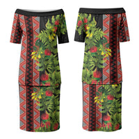 Maori Tukutuku Couples Matching Puletasi and Hawaiian Shirt with Ferns Pohutukawa and Kowhai Tribal Moko Patterns