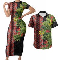 Maori Tukutuku Couples Matching Short Sleeve Bodycon Dress and Hawaiian Shirt with Ferns Pohutukawa and Kowhai Tribal Moko Patterns LT03 Multicolor - Polynesian Pride