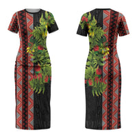 Maori Tukutuku Couples Matching Short Sleeve Bodycon Dress and Long Sleeve Button Shirt with Ferns Pohutukawa and Kowhai Tribal Moko Patterns