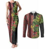 Maori Tukutuku Couples Matching Tank Maxi Dress and Long Sleeve Button Shirt with Ferns Pohutukawa and Kowhai Tribal Moko Patterns