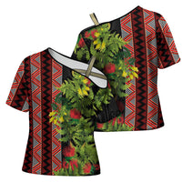 Maori Tukutuku Cross Shoulder Shirt with Ferns Pohutukawa and Kowhai Tribal Moko Patterns