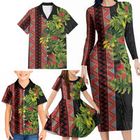 Maori Tukutuku Family Matching Long Sleeve Bodycon Dress and Hawaiian Shirt with Ferns Pohutukawa and Kowhai Tribal Moko Patterns