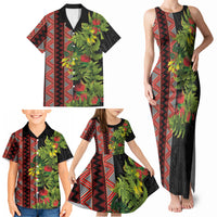 Maori Tukutuku Family Matching Tank Maxi Dress and Hawaiian Shirt with Ferns Pohutukawa and Kowhai Tribal Moko Patterns