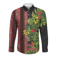 Maori Tukutuku Long Sleeve Button Shirt with Ferns Pohutukawa and Kowhai Tribal Moko Patterns LT03 Unisex Multicolor - Polynesian Pride