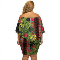 Maori Tukutuku Off Shoulder Short Dress with Ferns Pohutukawa and Kowhai Tribal Moko Patterns LT03 - Polynesian Pride