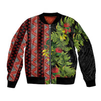 Maori Tukutuku Sleeve Zip Bomber Jacket with Ferns Pohutukawa and Kowhai Tribal Moko Patterns