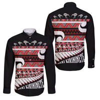 New Zealand Christmas Family Matching Off Shoulder Short Dress and Hawaiian Shirt Funny Santa Claus Haka Dance with Tukutuku LT03 Dad's Shirt - Long Sleeve Multicolor - Polynesian Pride