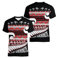 New Zealand Christmas Women V-Neck T-Shirt Funny Santa Claus Haka Dance with Tukutuku