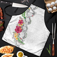 Hawaii DNA Kakau Tattoo Apron with Plumeria and Hibiscus Tropical Plants White Color