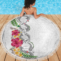 Hawaii DNA Kakau Tattoo Beach Blanket with Plumeria and Hibiscus Tropical Plants White Color