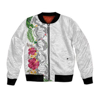 Hawaii DNA Kakau Tattoo Bomber Jacket with Plumeria and Hibiscus Tropical Plants White Color