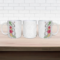Hawaii DNA Kakau Tattoo Ceramic Mug with Plumeria and Hibiscus Tropical Plants White Color