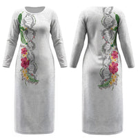 Hawaii DNA Kakau Tattoo Couples Matching Long Sleeve Bodycon Dress and Hawaiian Shirt with Plumeria and Hibiscus Tropical Plants White Color