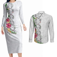 Hawaii DNA Kakau Tattoo Couples Matching Long Sleeve Bodycon Dress and Long Sleeve Button Shirt with Plumeria and Hibiscus Tropical Plants White Color