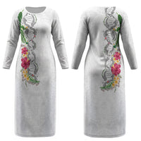 Hawaii DNA Kakau Tattoo Couples Matching Long Sleeve Bodycon Dress and Long Sleeve Button Shirt with Plumeria and Hibiscus Tropical Plants White Color