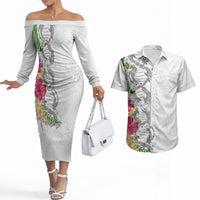 Hawaii DNA Kakau Tattoo Couples Matching Off The Shoulder Long Sleeve Dress and Hawaiian Shirt with Plumeria and Hibiscus Tropical Plants White Color